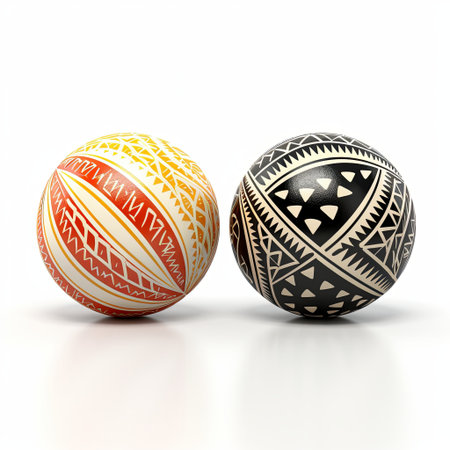 Two decorative Easter eggs one features yellow and red geometric designs, while the other has striking black and white patterns. Ideal for festive cards and spring-themed decorations.の素材