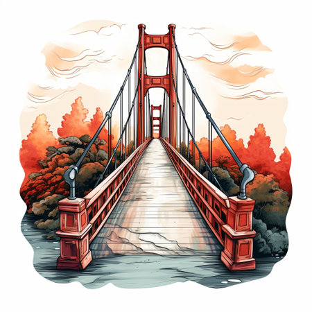 A stunning watercolor illustration of a grand suspension bridge spans tranquil waters, featuring warm autumn colors. Perfect for travel promotions, art prints, and creative projects.の素材
