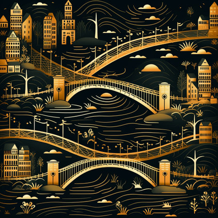 A stylized cityscape design with golden bridges and buildings set against a dark background, ideal for decorative arts and projects that require an elegant and artistic touch.の素材