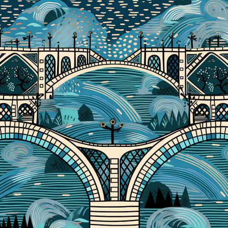 A whimsical landscape with stylized bridges over a river, bordered by mountains and a unique sky. The limited blue and cream palette evokes a serene and artistic atmosphere.の素材
