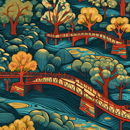 A colorful illustration of winding bridges connecting stylized trees and lush foliage. Ideal for backgrounds and creative projects that need a whimsical touch.の素材