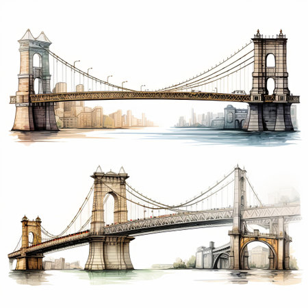 Beautiful watercolor illustrations showcasing suspension bridges with cityscapes. Ideal for travel designs, architectural presentations, and artistic projects in need of elegance.の素材