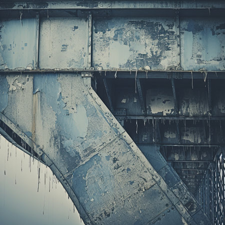 A close-up of a decaying steel structure reveals the beauty of industrial decay, showcasing peeling paint and intricate details that highlight age and architectural design.の素材