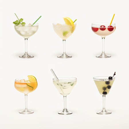 A vibrant selection of six diverse cocktails, ideal for social events or bars. These drinks are visually appealing and refreshing, perfect for any festive gathering or drink menu.の素材