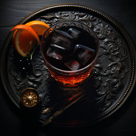 An elegant still life showcasing an Old Fashioned cocktail with ice cubes and an orange slice on a decorative metal tray. Ideal for bar menus and cocktail recipe promotions.の素材