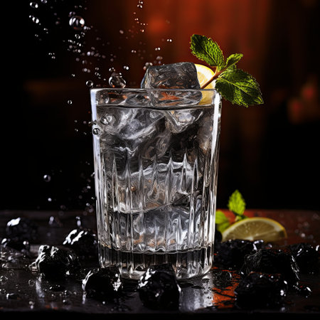 A vibrant and refreshing drink served in a tall glass, filled with ice cubes, fresh mint leaves, and a slice of lemon. Perfect for summer parties, cocktail recipes, or beverage promotions.の素材
