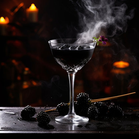 A dark and moody blackberry cocktail with a violet flower garnish, set against an atmospheric backdrop. Ideal for Halloween celebrations and themed events or promotions.の素材