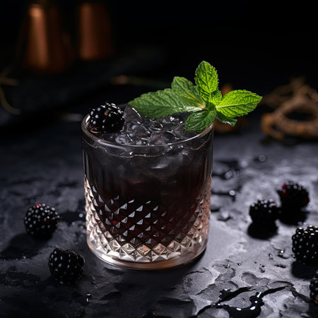 A stylish blackberry cocktail in a textured glass, garnished with fresh mint leaves. Ideal for summer menus and bar promotions, showcasing a dark and moody ambiance.の素材