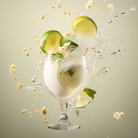 This vibrant lime cocktail is a refreshing summer drink that features fresh lime slices and ice. It s perfect for illustrating concepts of summer fun, healthy living, and vibrant flavors.の素材