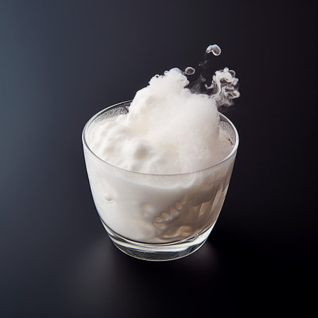A visually striking dessert with a creamy topping and whimsical vaporous effect, elegantly served in a stylish glass against a dark background. Ideal for food photography and culinary blogs.の素材