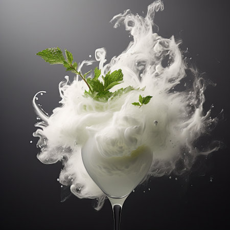 A stunning cocktail glass filled with a creamy white drink, garnished with fresh mint sprigs and enveloped in vapor. Ideal for beverage ads, menus, or creative drink concepts.の素材