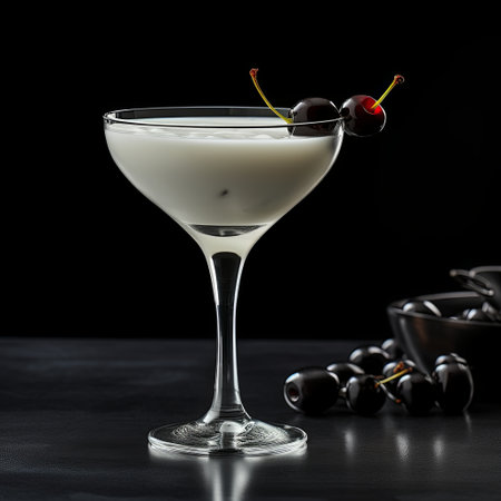 A refined cocktail featuring a creamy white drink in a stemmed glass, garnished with fresh cherries. Ideal for showcasing elegant drinks, cocktail recipes, and bar promotions.の素材