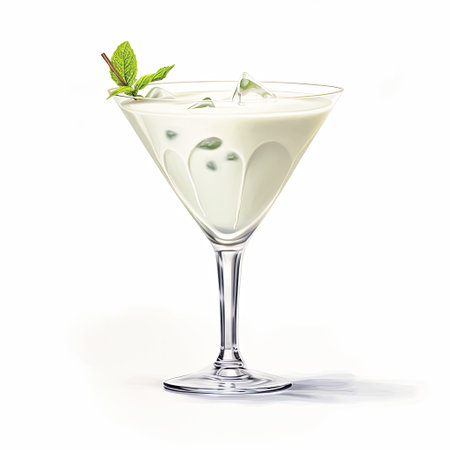A creamy, cool Grasshopper cocktail in a stylish martini glass, adorned with a vibrant, fresh mint sprig, standing isolated on a pristine white background, perfect for menu design and advertisement.の素材
