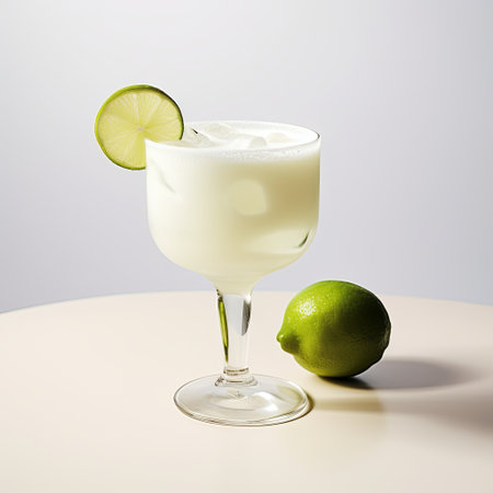 A chilled margarita cocktail in a stemmed glass, garnished with a lime slice. Perfect for summer promotions, bar menus, or showcasing refreshing beverages. Isolated on a light background.の素材