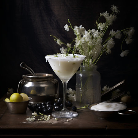A refined still life featuring a creamy cocktail in a sugared rim glass, with delicate white flowers, ripe grapes, and vibrant lemons, creating an inviting scene for elegant dining and bar promotions.の素材