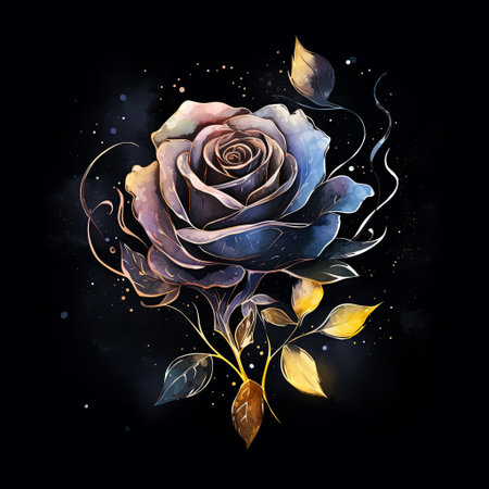 A beautiful watercolor illustration of a rose featuring golden accents, set against a dark background. Ideal for invitations, greeting cards, or any design requiring elegance.の素材