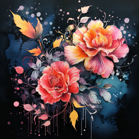 A stunning watercolor arrangement of roses and leaves set against a dark backdrop. Perfect for creating elegant invitations, artistic prints, and adding a touch of beauty to any design project.の素材