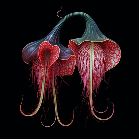 A stunning close-up of two bioluminescent flowers glows vibrantly in the dark. This captivating image highlights intricate details, making it perfect for fantasy or botanical themes.の素材