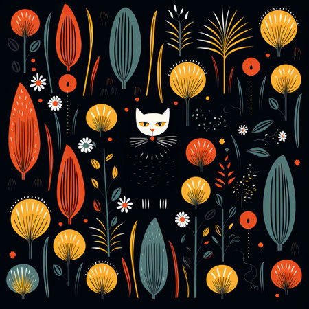Charming illustration of a white cat surrounded by stylized botanical elements. Perfect for greeting cards, textiles, or wallpaper, adding a retro-modern touch to your projects.の素材