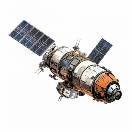 Futuristic space station design with solar panels, perfect for educational purposes and science fiction projects. A creative visualization of advanced space exploration concepts.の素材