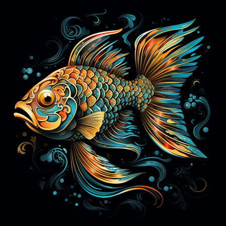 A beautiful illustration of a koi fish swimming in a tranquil pond. The fish displays vibrant colors and intricate patterns, making it perfect for prints, digital projects, and home decor.の素材