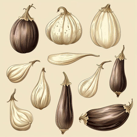 A vintage-style illustration featuring an assortment of eggplants, showcasing various shapes and colors. Perfect for illustrating healthy eating concepts, culinary themes, or antique design projects.の素材