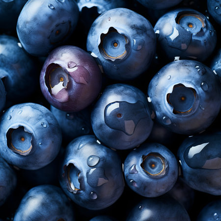 A close-up of fresh blueberries glistening with water droplets. This image represents healthy eating and summer flavors, ideal for food blogs, recipes, or product promotions.の素材