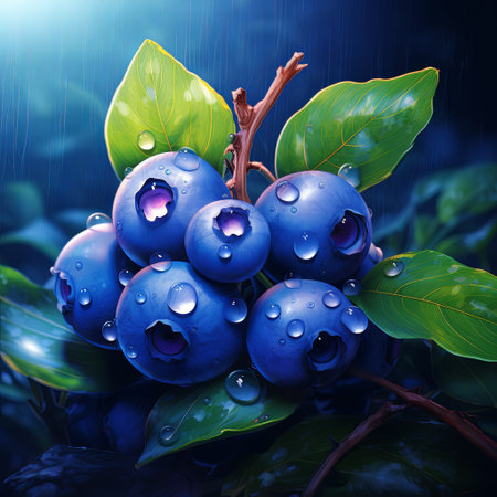 A close-up of ripe blueberries with water droplets, surrounded by lush green leaves. This image symbolizes freshness and health, ideal for healthy eating and product packaging.の素材