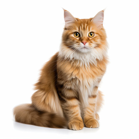 Showcase the elegance of a Maine Coon cat against a clean white background. Ideal for pet-related designs, advertising, or projects needing a touch of feline grace. Perfect for various uses.の素材