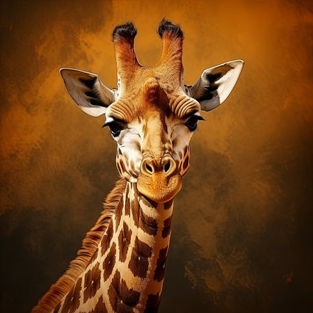 A captivating portrait of a giraffe showcases intricate details and warm colors, ideal for wildlife education, creative design, or advertisements focused on nature and wildlife.の素材