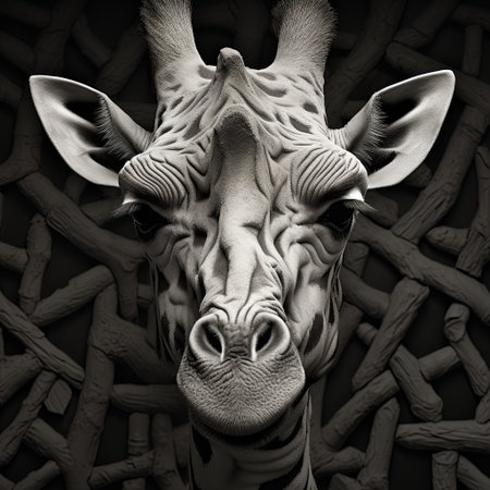 Black and white image of a giraffe s head highlighting its distinctive skin textures. The background features an intricate neutral pattern, suitable for educational or wildlife design purposes.の素材