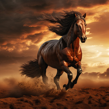 A powerful brown horse galloping across sandy terrain, set against a fiery sunset sky. This image captures freedom, strength, and the beauty of nature, perfect for various creative projects.の素材