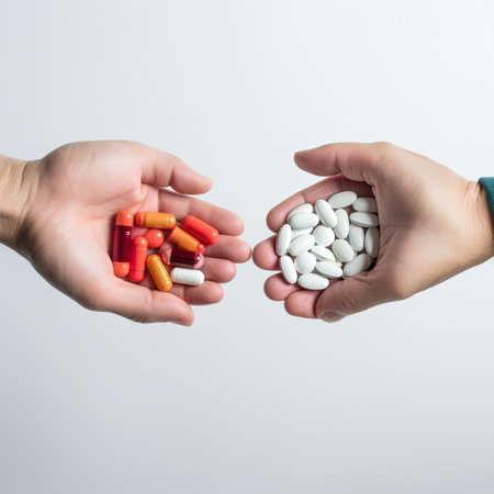 Two hands holding a variety of medications, including colorful capsules and tablets. This image represents the importance of informed choices and diverse treatment options in healthcare.の素材