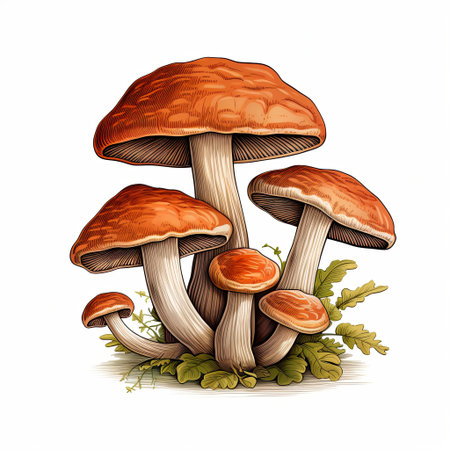 Illustration of orange-capped mushrooms with textured surfaces and smooth stems. Surrounded by foliage, perfect for educational materials and culinary projects in cookbooks.の素材