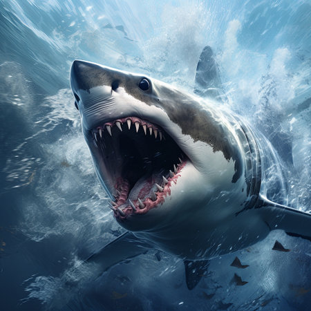 A striking image of a great white shark with its jaws wide open, displaying its sharp teeth. This powerful predator is depicted in its natural underwater habitat, ready to hunt.の素材