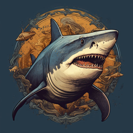 An artistic depiction of a great white shark amidst smaller fish and ocean elements. Ideal for educational content, conservation campaigns, and themed designs with captivating details.の素材