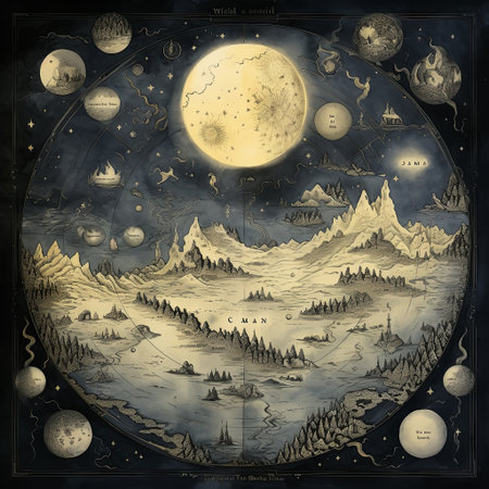A dreamy landscape illustration resembling an antique map, featuring celestial elements like planets, mountains, and forests, evoking a sense of fantasy and exploration for creative projects.の素材