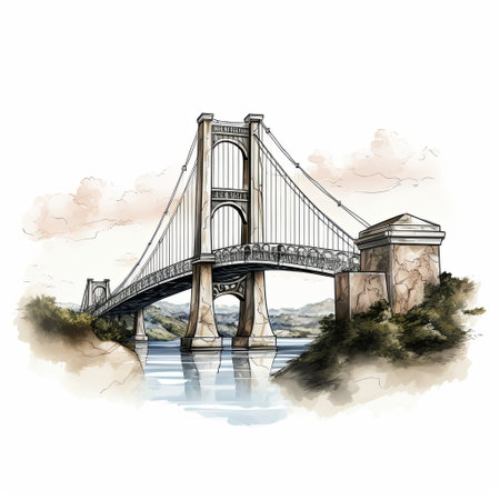 A stunning illustration of a suspension bridge mirrored in tranquil waters. This scenic view is ideal for travel brochures and architectural designs, showcasing an impressive structure.の素材