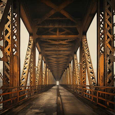 A captivating perspective shot of an old, rusty iron bridge, highlighting its intricate support structures and aged texture, ideal for themes of infrastructure, history, and travel.の素材