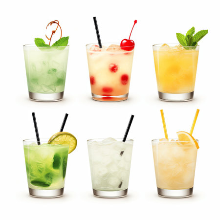 A visually appealing collection of six refreshing summer cocktails, each uniquely garnished and bursting with flavor. Ideal for bar menus, promotional materials, or any summer-themed project.の素材