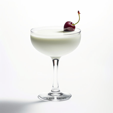 A stylish white cocktail in a stemmed glass, garnished with a cherry. Isolated against a bright background, it is ideal for bar menus, drink promotions, or creative content.の素材