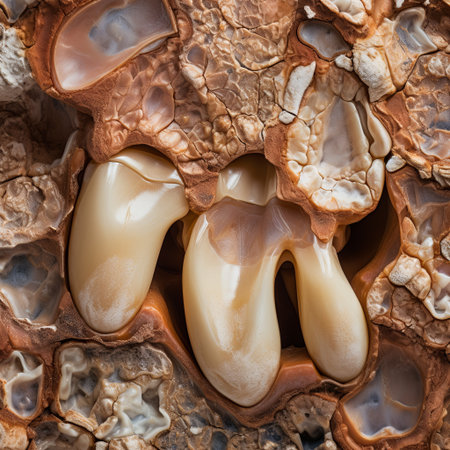 Image of fossilized teeth in rock, ideal for educational and scientific use. Showcasing ancient dental history, evolution, and the beauty of geology in a compact presentation.の素材