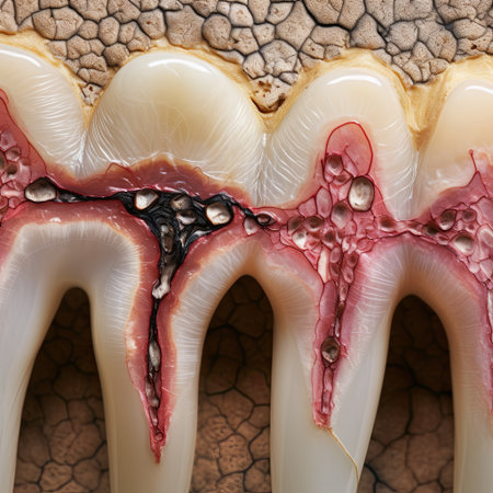 This image shows a close-up of gum disease with inflammation and damage from periodontitis, suitable for dental health education and awareness campaigns on oral hygiene.の素材