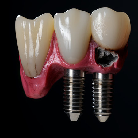 A dental implant bridge is displayed against a black background, representing a solution for missing teeth. Perfect for dental education, brochures, and websites focused on tooth restoration.の素材