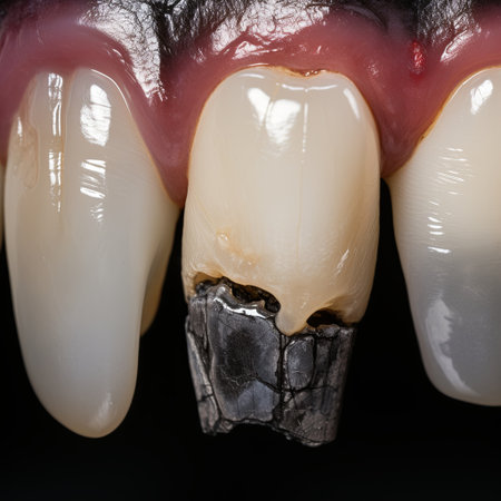 Close up of a damaged tooth with a cracked filling, showing the contrast with healthy teeth. Highlights the importance of dental care and oral hygiene for overall dental health.の素材