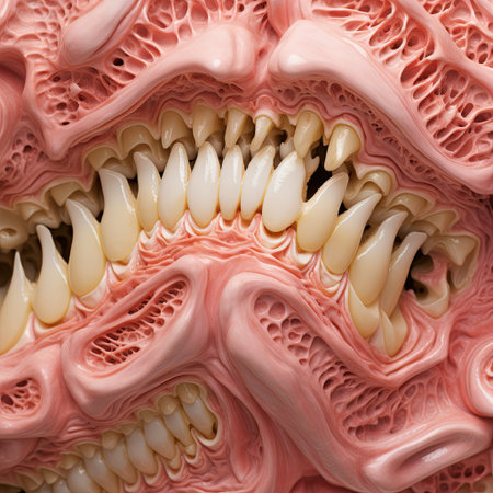 A surreal close-up of teeth lodged in a fleshy, organic structure, evoking themes of horror and discomfort. Ideal for dark art, Halloween, or unsettling visuals in creative media.の素材