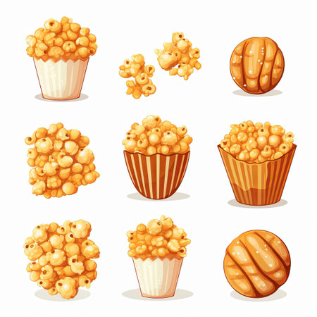A delightful assortment of caramel popcorn illustrations, suitable for movie night promotions, snack advertising, or enhancing creative projects. Perfect for menus, invitations, and websites.の素材