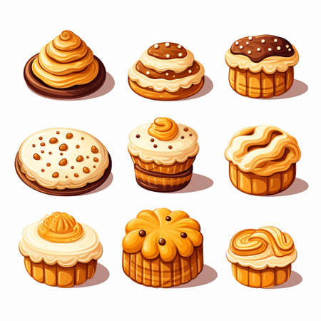 A tempting assortment of pastries, perfect for bakeries and cafes. These sweet treats showcase variety and indulgence, isolated on a clean white background for easy use.の素材
