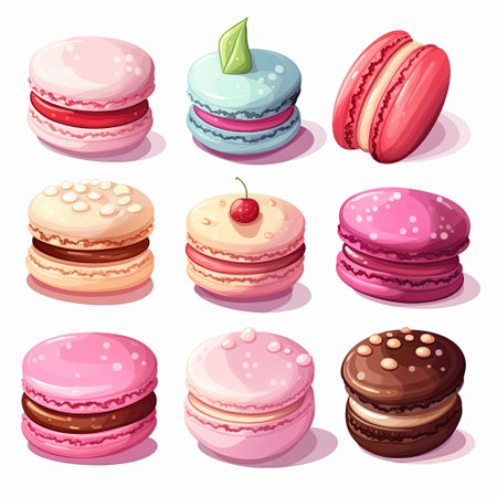 A vibrant assortment of macarons featuring various flavors and colors. These delicate French pastries are perfect for desserts, parties, or as a delightful treat for any occasion.の素材