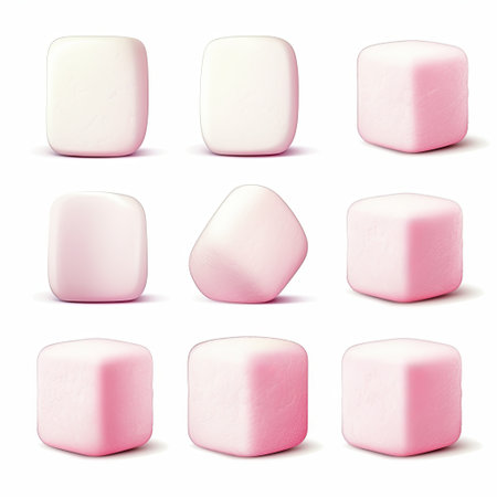 A collection of nine chewing gum pieces, some pink and some white, are isolated on a clean white background. This image is ideal for illustrating sweet treats, confectionery, or oral hygiene concepts.の素材